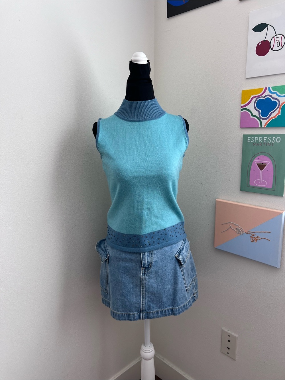 Y2K Gogo New Paris Aqua Blue Rhinestone Trim – Size L
